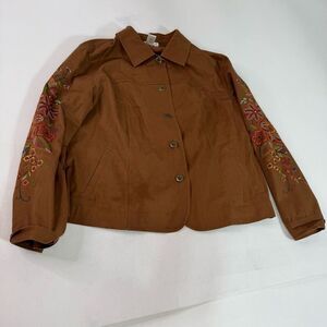 Coldwater Creek Shirt women's 2X Brown Floral Emboridered Button Up VTG Textured